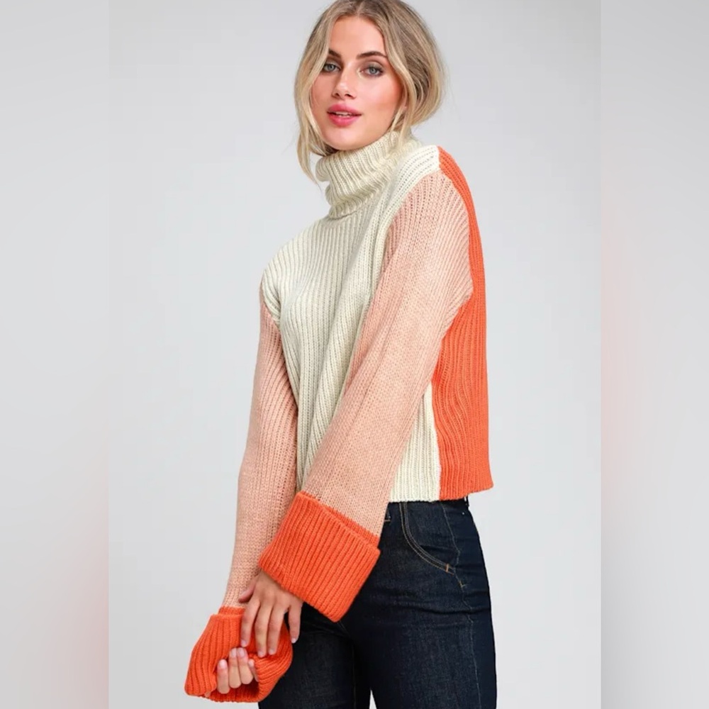 MINKPINK “Simeon” Beige/Orange/Cream Block Knit Bell Sleeve Sweater- size S